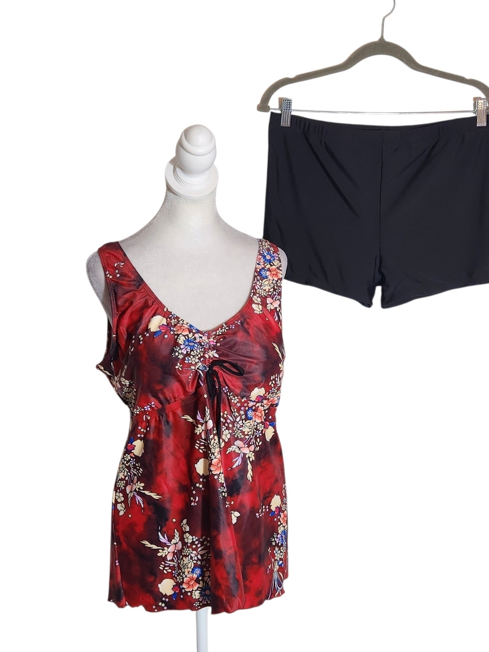 Burgundy Red Print Modest Tankini Swimsuit with Black Shorts Size 2XL